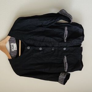 Flax 100% linen black jacket Sz S 3/4 sleeve grey striped accents button front